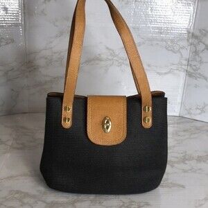 Eric Javits Squishee Black Woven Straw Light Beige Leather Trim Turnlock close